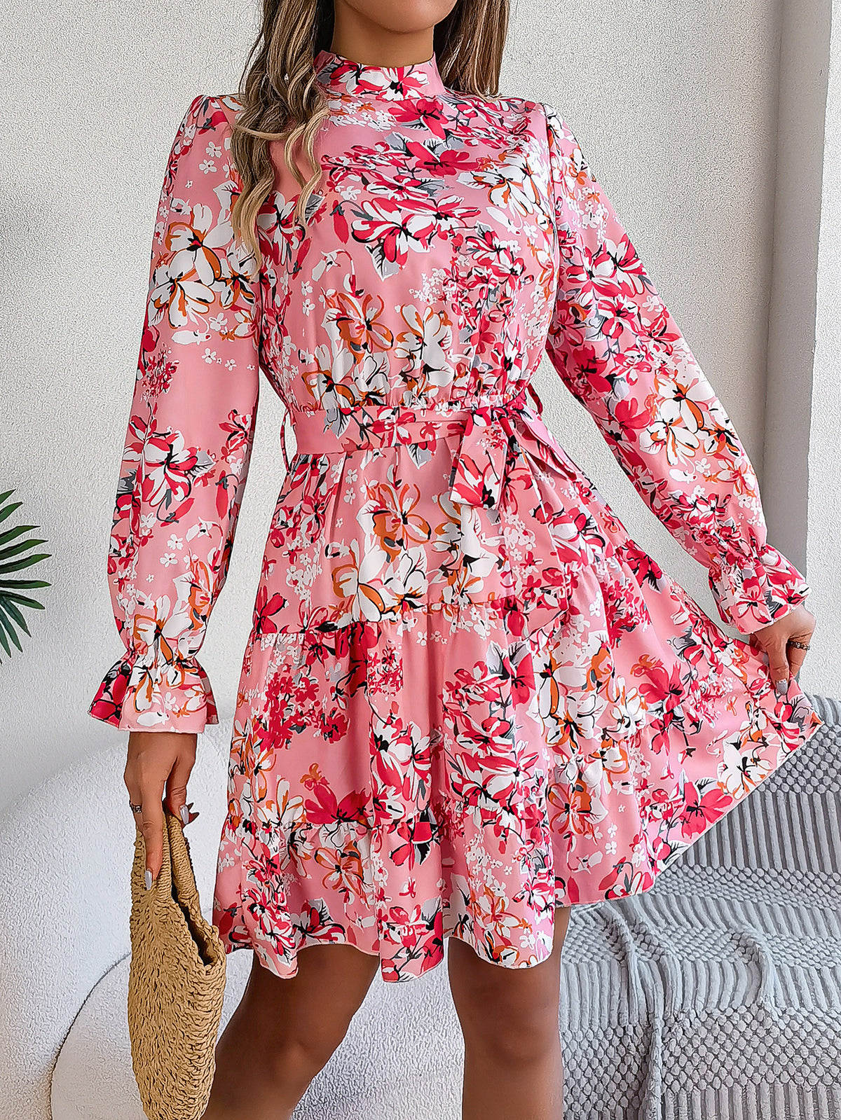 Floral Mock Neck Long Sleeve Tie Waist Ruffle Hem Mini Dress 2