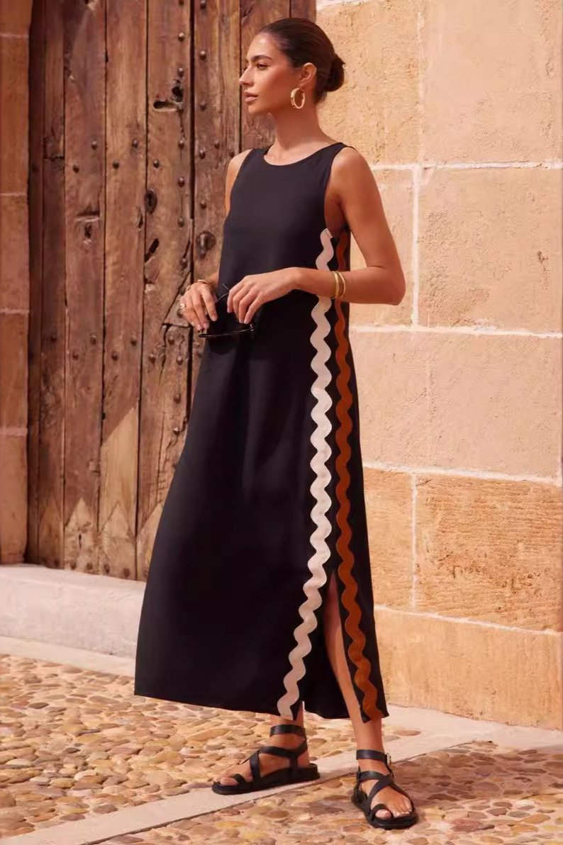 Scalloped Side Trim Sleeveless A-Line Shift Midi Dress