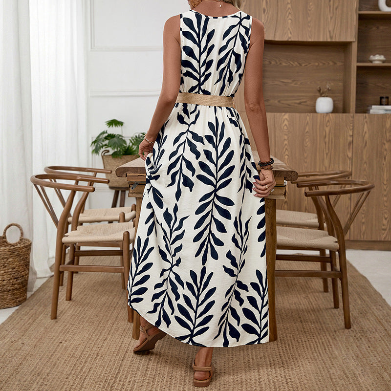 Leaf Print Scoop Neck Sleeveless Button Front Belted Maxi Dress 3