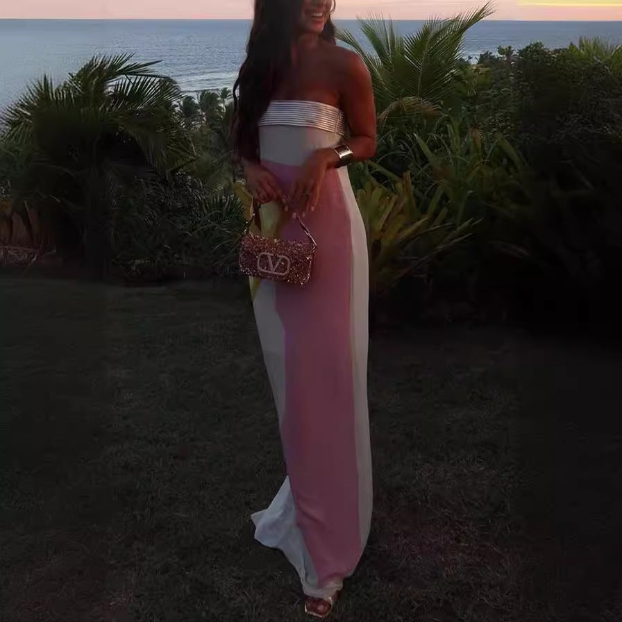 Strapless Satin Color Block Striped Bust Column Maxi Dress