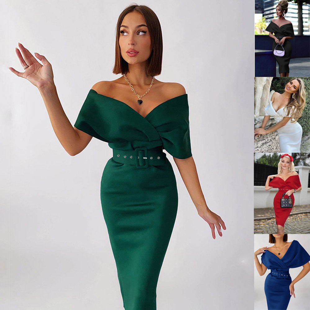 Off Shoulder Wrap Bodice Belted Bodycon Midi Dress 5