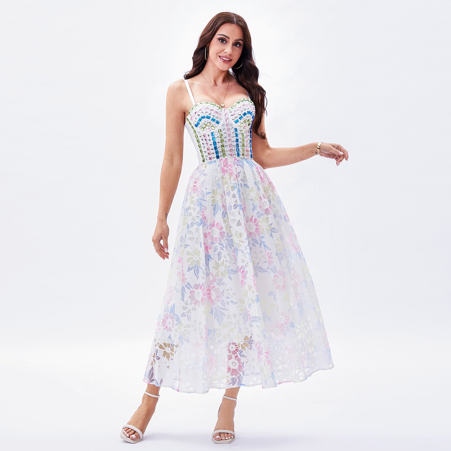 French Romantic Holiday Beaded Strap Tube Top Dress Three Dimensional Floral Fairy Boning Corset Waist Tight Princess Sling Dress