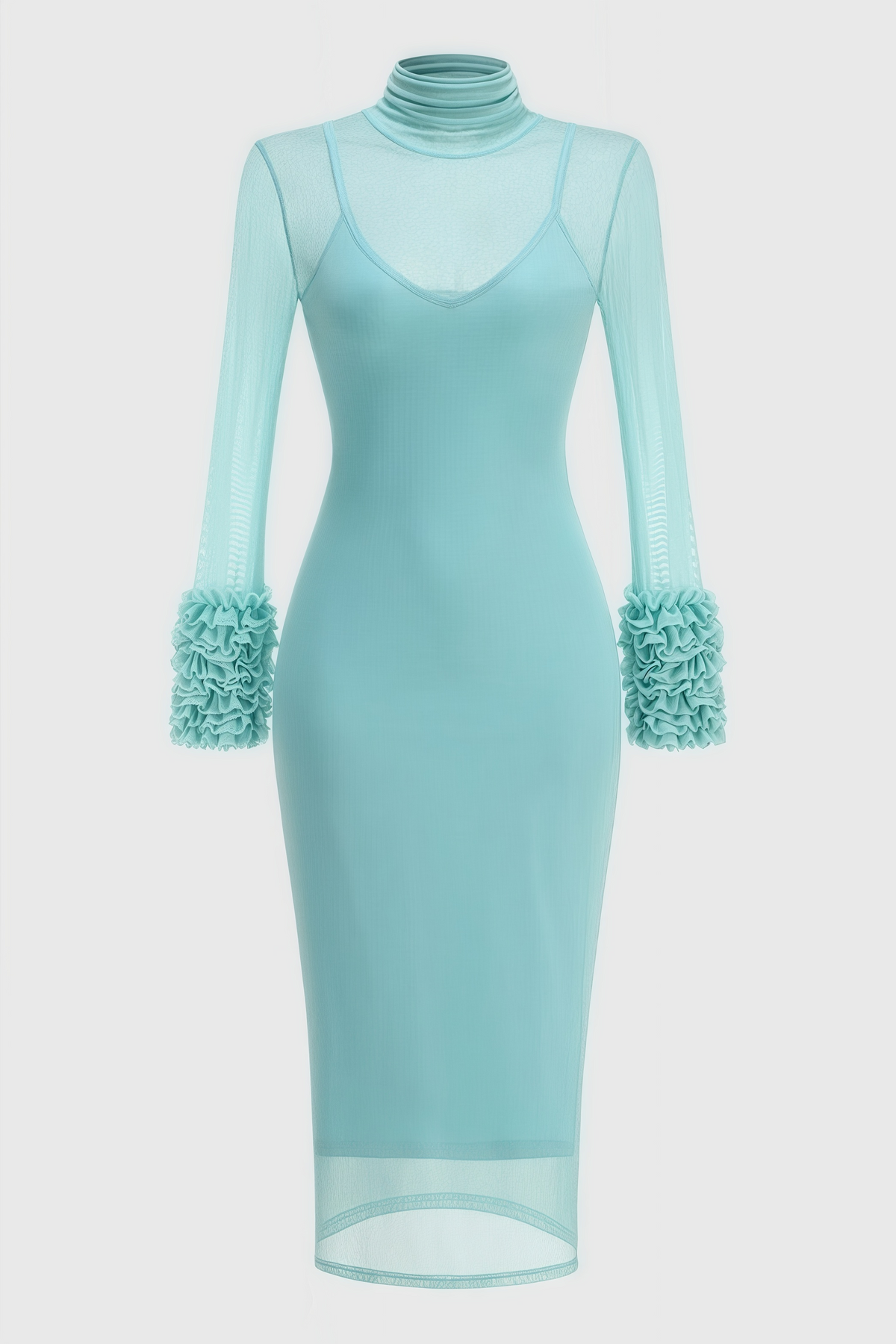 Sheer Mesh Turtleneck Long Sleeve Ruffle Cuff Bodycon Midi Dress 4