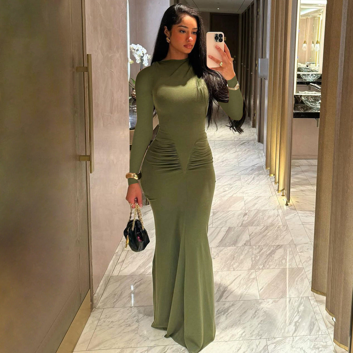 Crew Neck Long Sleeve Ruched Waist Bodycon Mermaid Maxi Dress 2