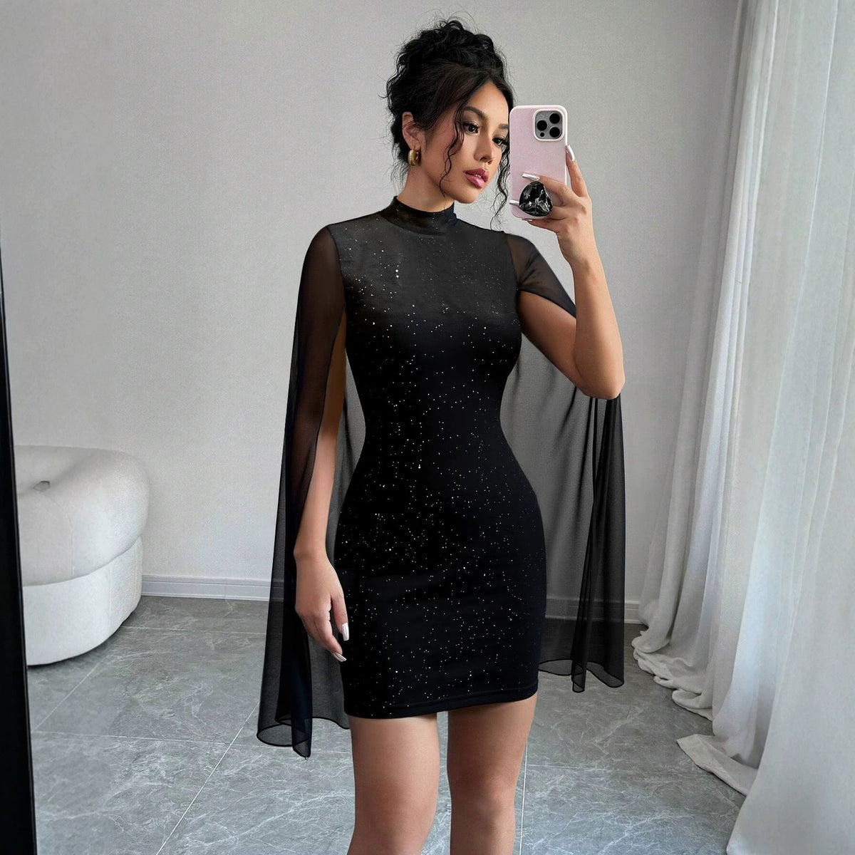 Design Turtleneck Sheath Dress for Women Turtleneck Grenadine Slim Fit Patchwork Slimming Hip Dress
