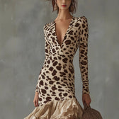 Leopard Deep V-Neck Long Sleeve Ruffle High Low Bodycon Dress 3