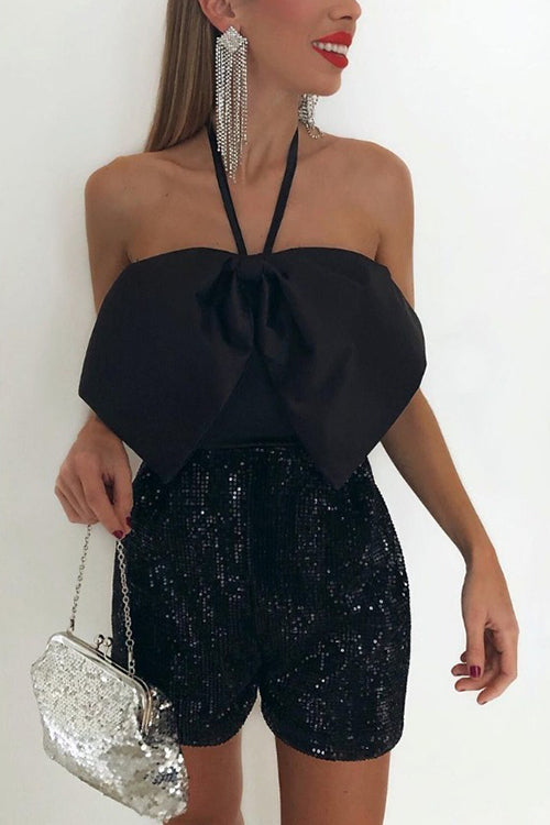 Satin Bow Halter Neck Sequin Short Romper