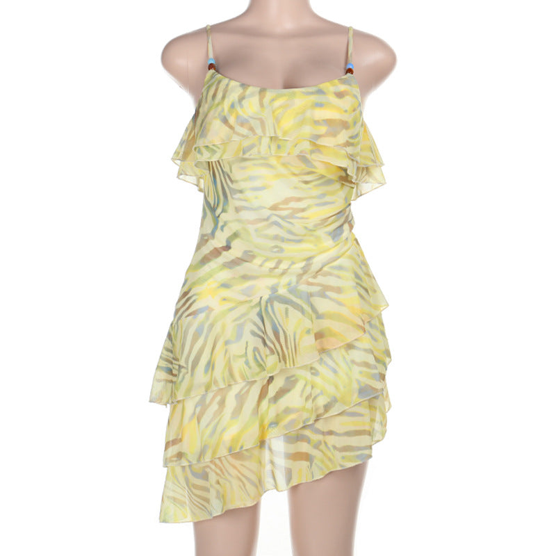 Zebra Print Beaded Spaghetti Strap Tiered Ruffle Mini Dress 6