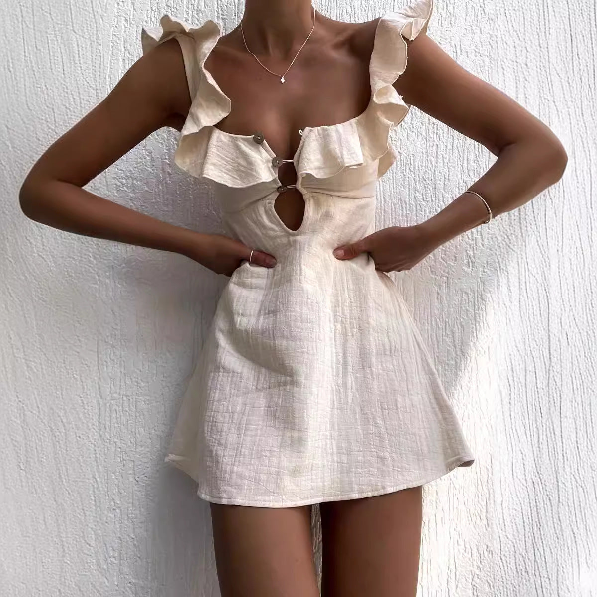 Ruffle Strap Keyhole Button Front Textured A-Line Mini Dress