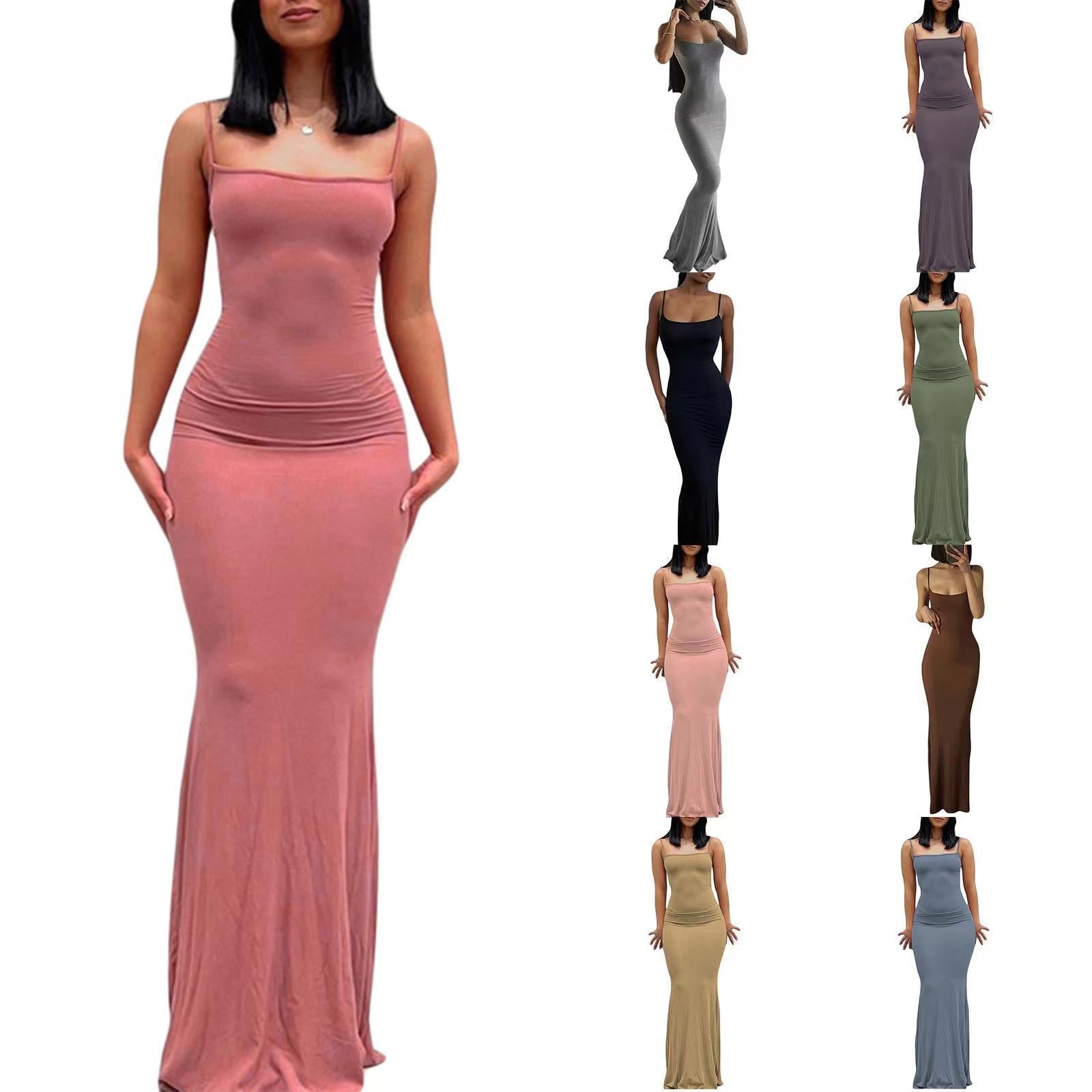 Square Neck Spaghetti Strap Bodycon Mermaid Maxi Dress