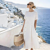 Crew Neck Short Sleeve Side Button Linen Midi Dress Summer 3