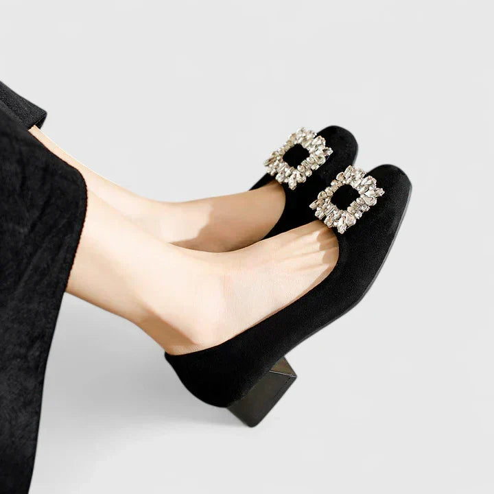 Pointed Toe Rhinestone Buckle Block Heel Pumps