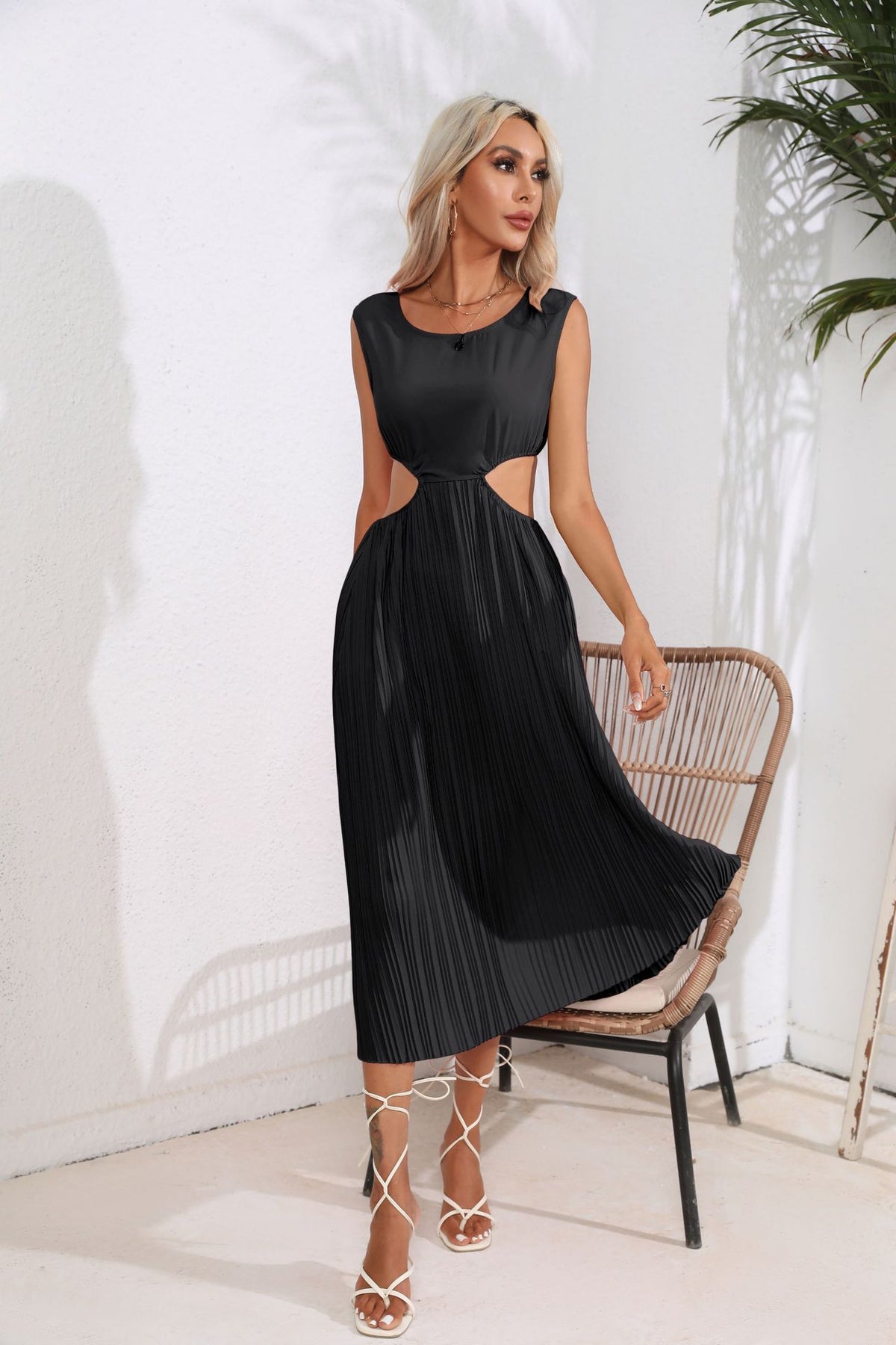 Pleated Round Neck Sleeveless Side Cut Out A-Line Midi Dress 6