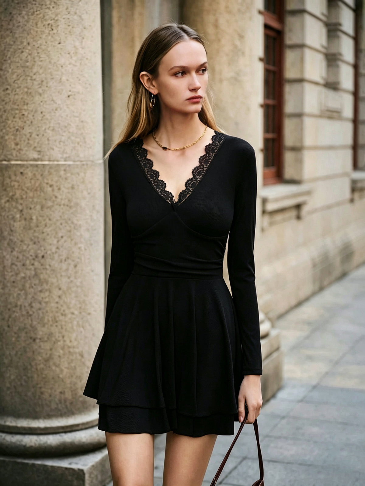 Lace Trim V-Neck Long Sleeve Tiered Ruffle Hem Fit and Flare Mini Dress 5