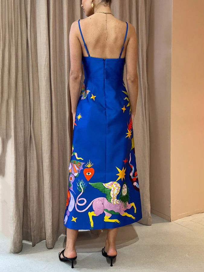 Celestial Print Satin Spaghetti Strap Cross Front Cut Out Midi Dress 4