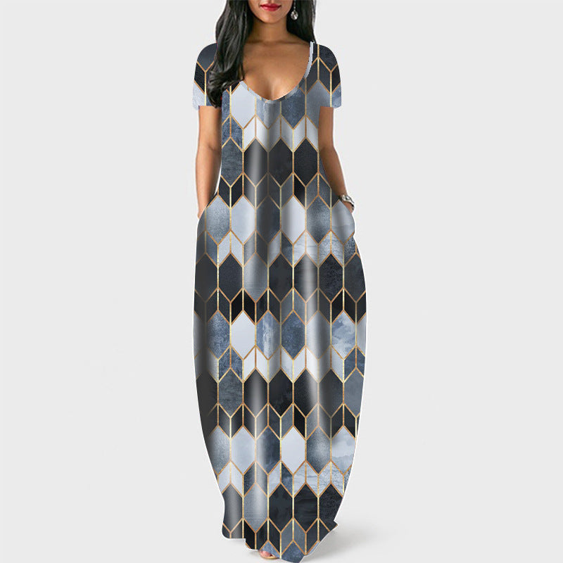 Geometric Print Scoop Neck Short Sleeve Cocoon Maxi Dress with Pockets 4