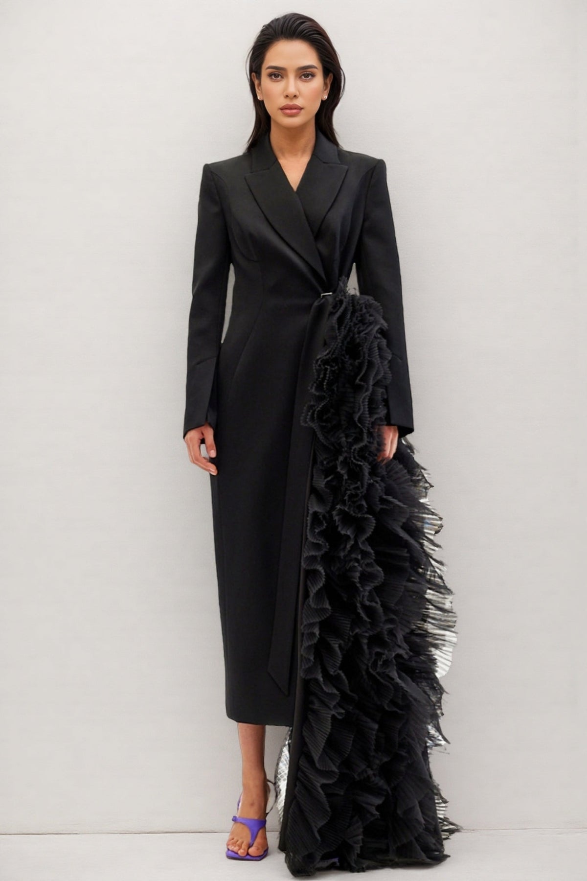 Long Sleeve Lapel Collar Pleated Ruffle Side Blazer Midi Dress