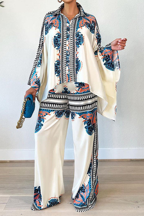 Print Bat Blouse Loose Pants Set