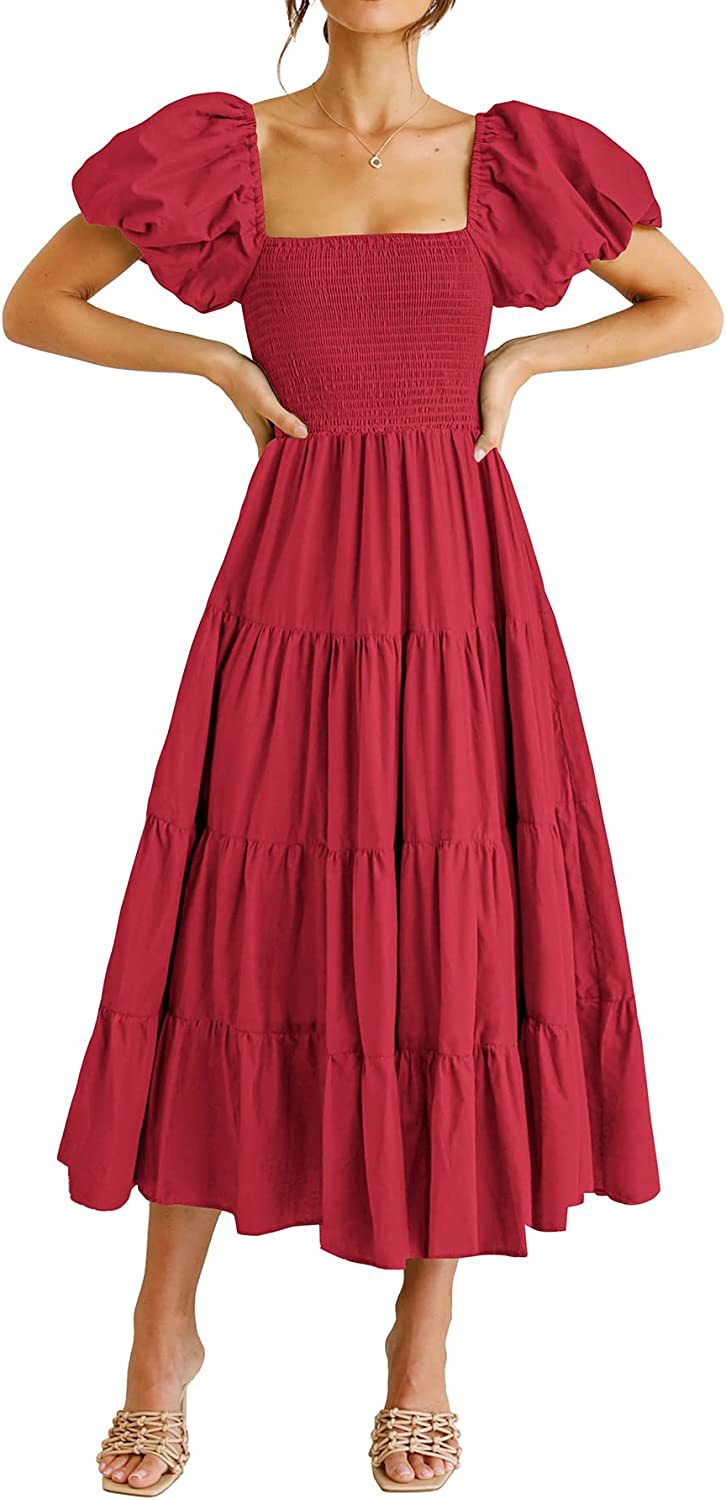 Square Neck Puff Sleeve Smocked Bodice Tiered Midi Dress 5