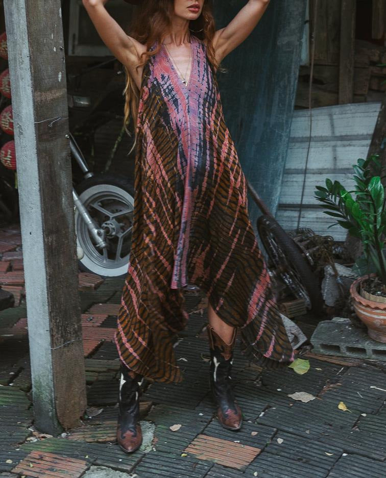 Tie Dye Deep V-Neck Sleeveless Backless Asymmetric Hem Midi Dress 10