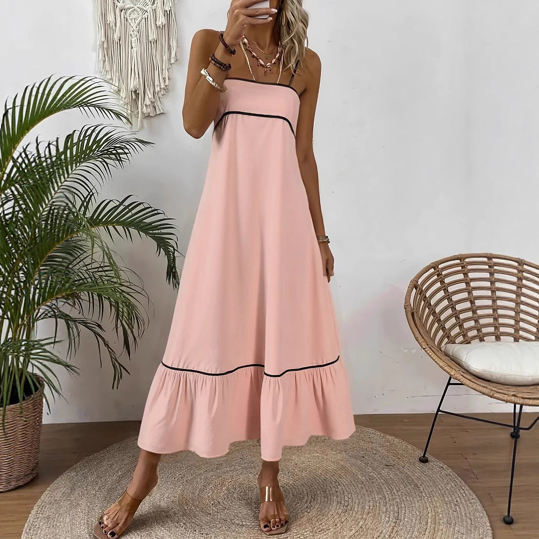 Contrast Piping Square Neck Cami Ruffle Hem Maxi Dress