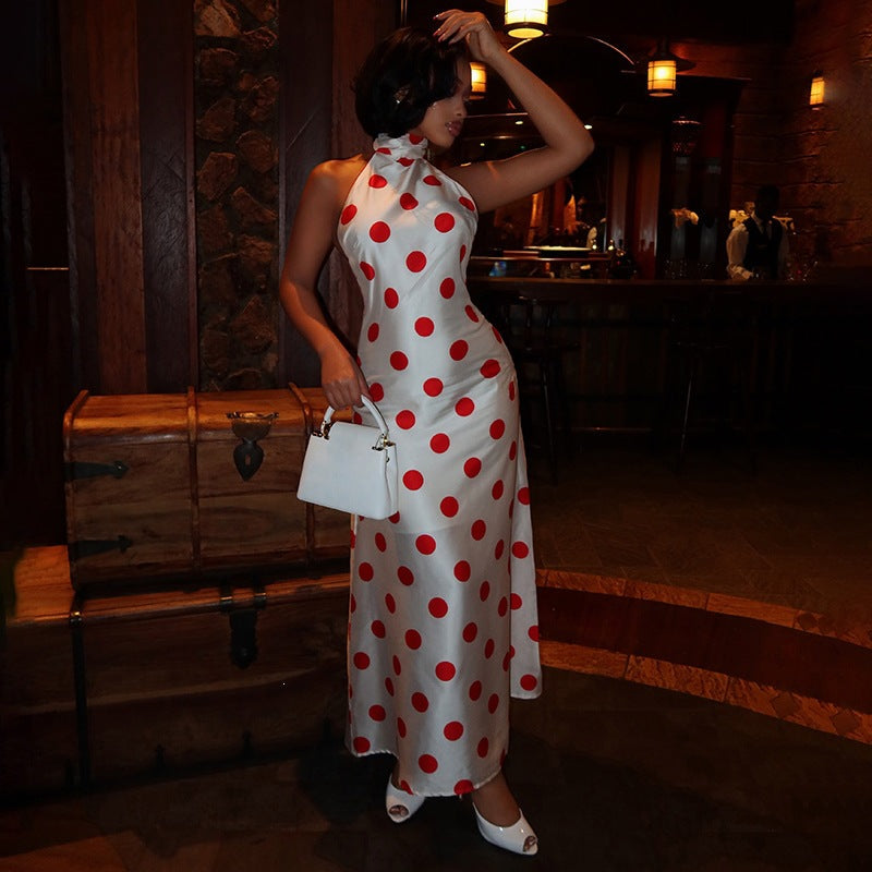 Women Clothing Sexy Backless Polka Dot Bow Hanging Collar Vacation Dress