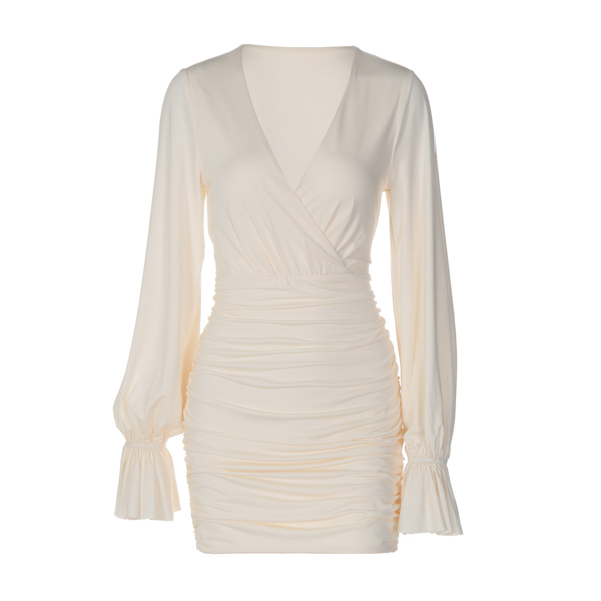 Autumn Fashionable with Side-Slit Petal Long Sleeve Sexy V neck Slim Fit Ruffle Hip Dress for Women
