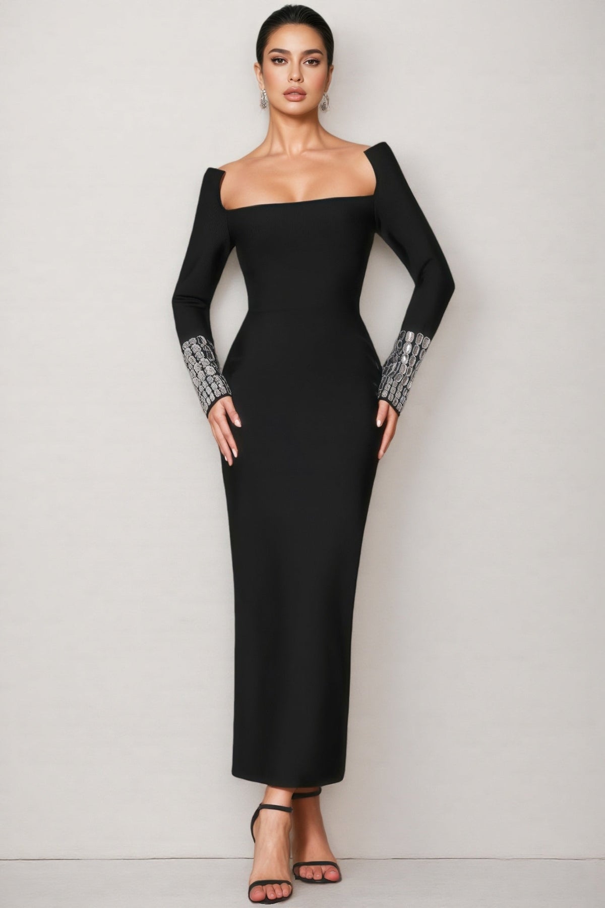 Square Neck Long Sleeve Rhinestone Cuff Bodycon Maxi Dress