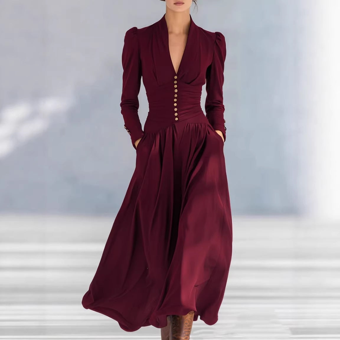 Deep V-Neck Puff Sleeve Ruched Satin Maxi Dress 6