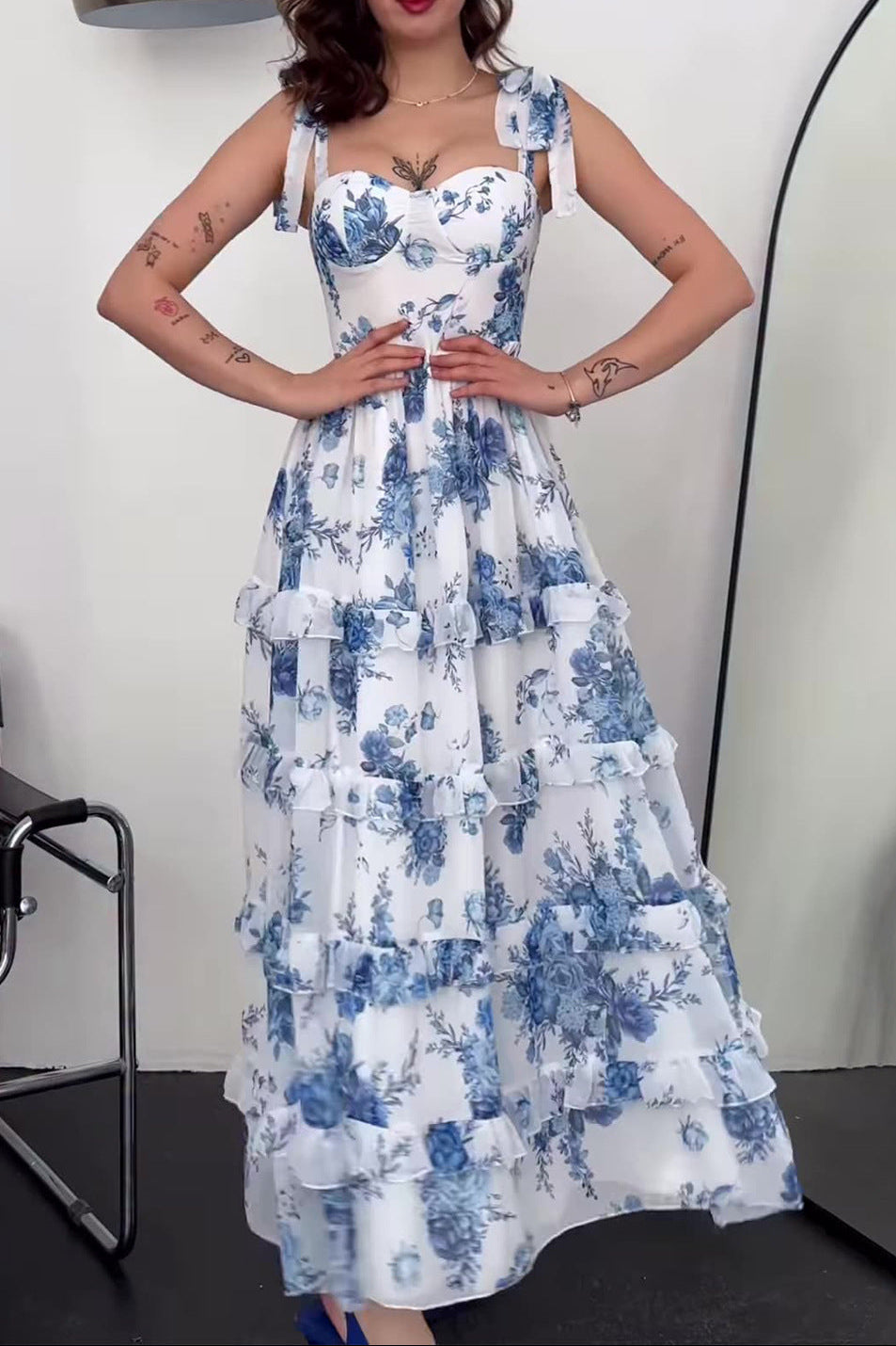 Floral Sweetheart Neck Bustier Tiered Ruffle Maxi Dress
