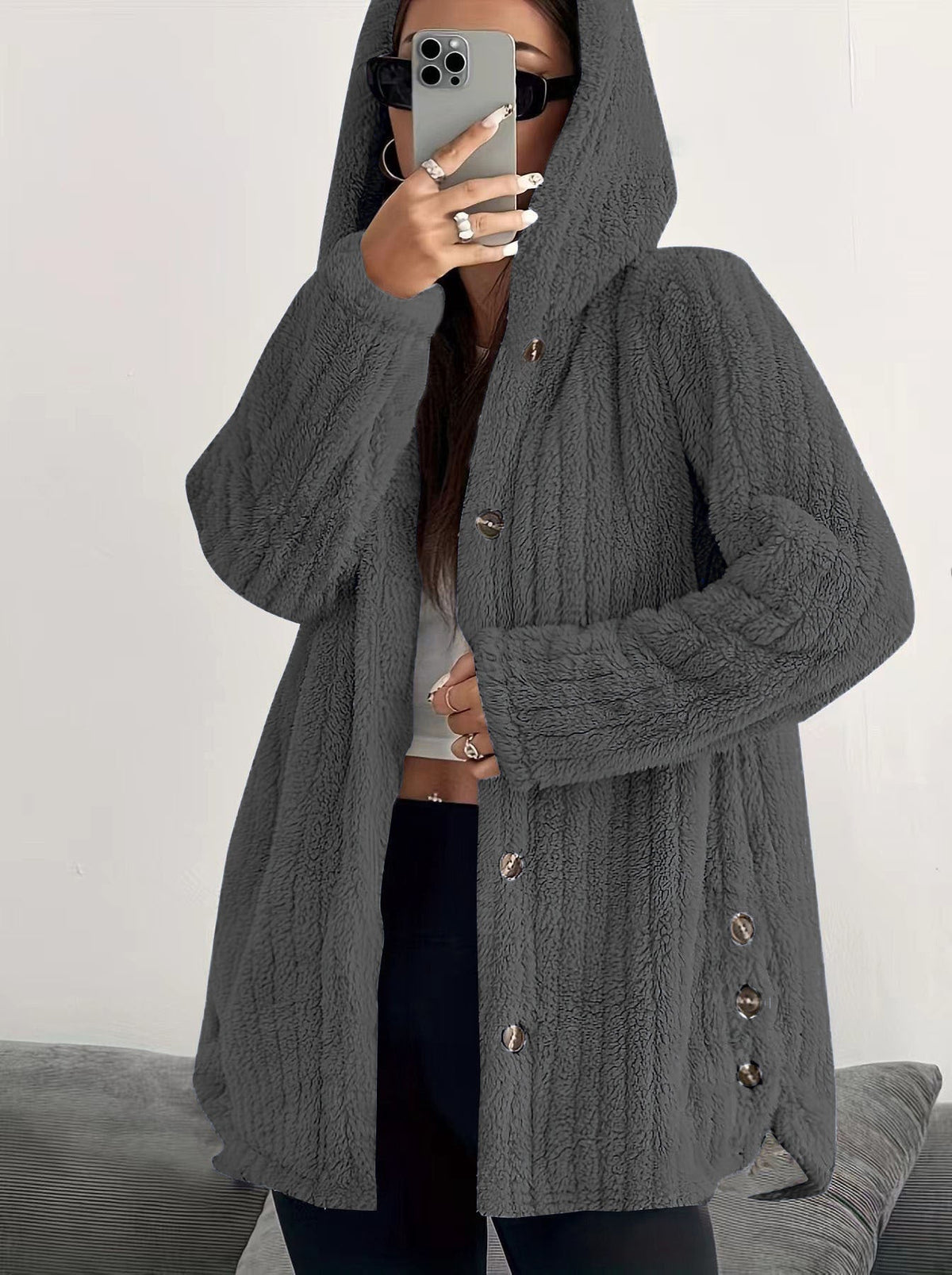 Hooded Button Front Fleece Cardigan Coat