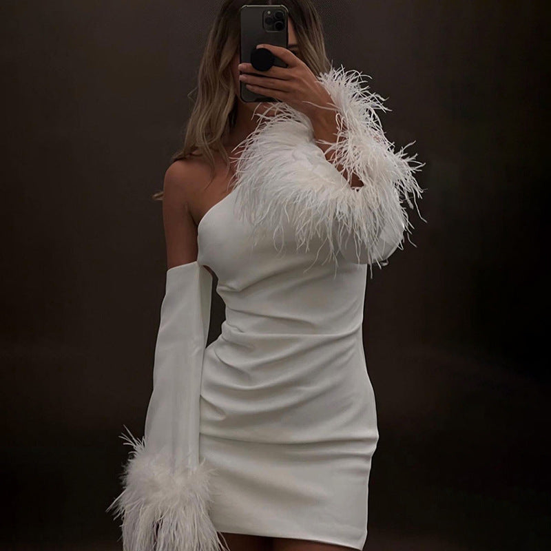 One Shoulder Feather Cuff Long Sleeve Ruched Mini Dress 2