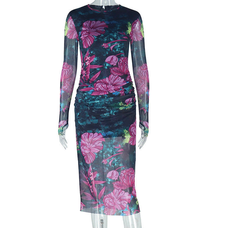 Floral Print Mesh Round Neck Long Sleeve Ruched Bodycon Midi Dress 2