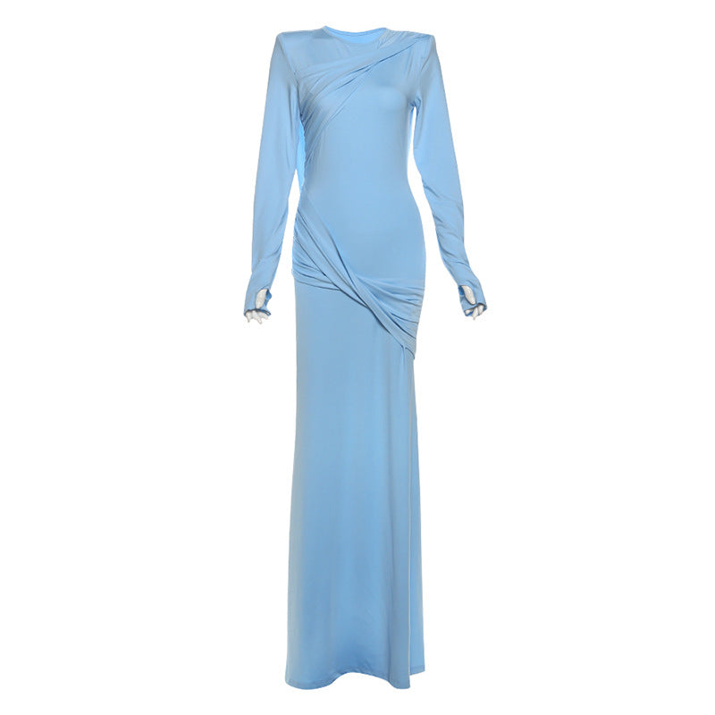 Crew Neck Long Sleeve Draped Wrap Front Mermaid Maxi Dress 3