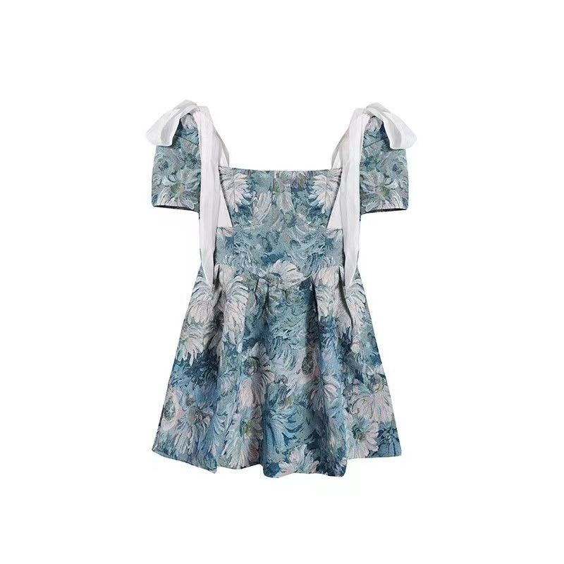 Floral Jacquard Sweetheart Neck Puff Sleeve Pleated Fit and Flare Mini Dress 5