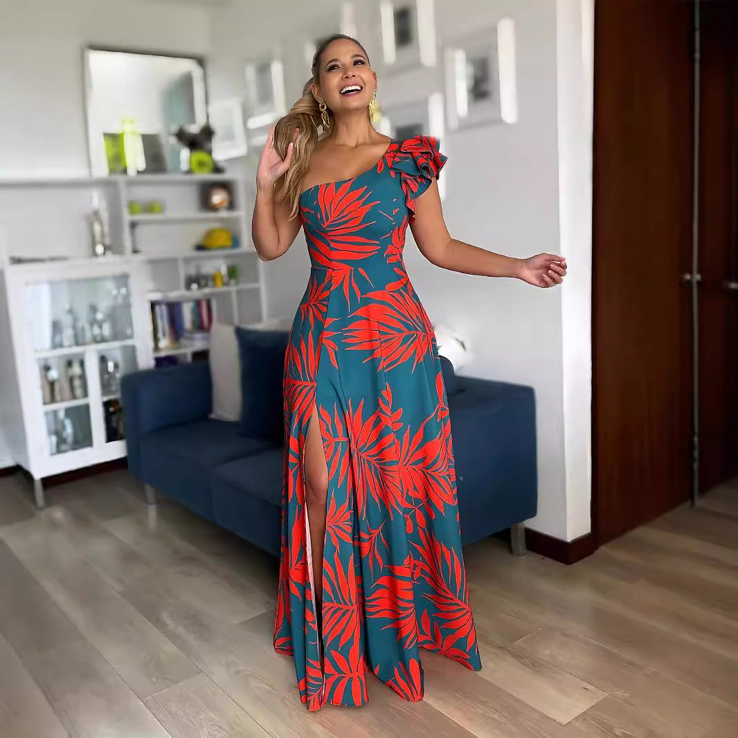 Leaf Print One Shoulder Ruffle Strap High Split Maxi Dress