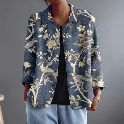 Floral Bird Print Collared Long Sleeve Jacket