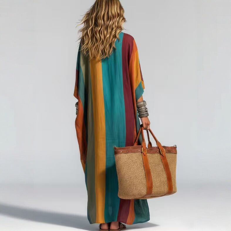 Bohemian Contrast Color Vertical Stripes Autumn Fragrance Hemp Women Loose Fitting V neck Holiday Dress