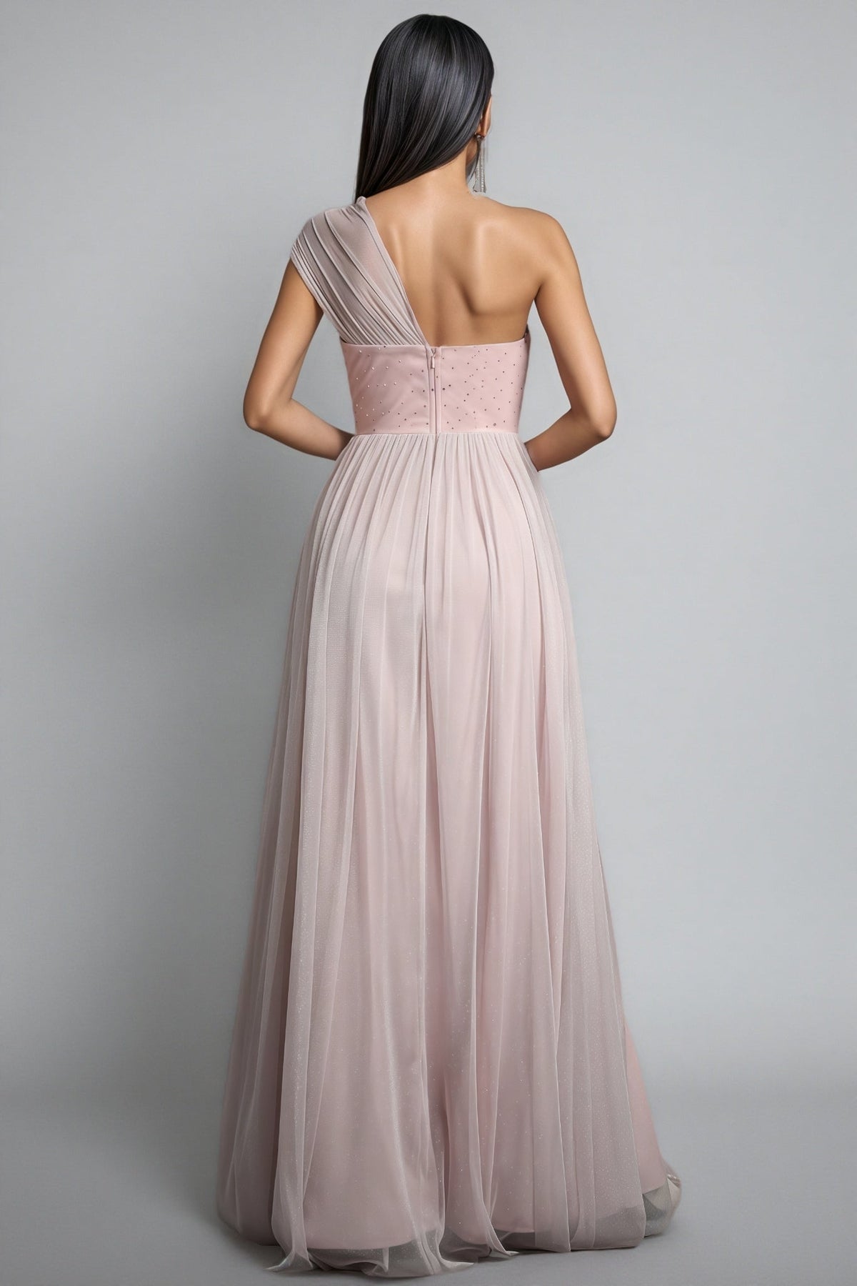 One Shoulder Twist Bust Beaded Bodice Tulle A-Line Maxi Dress 6
