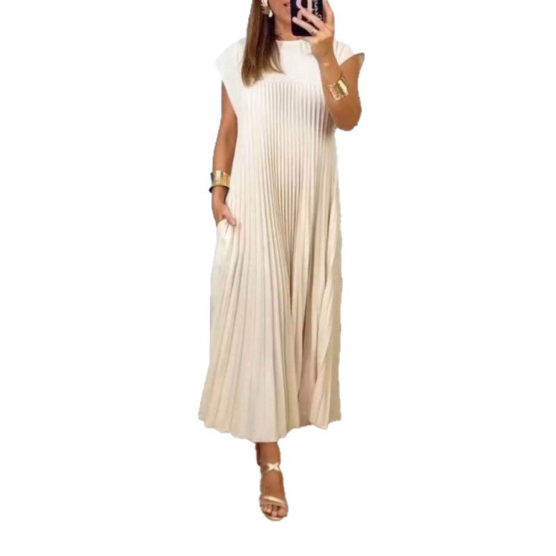 High Neck Cap Sleeve Pleated Loose Maxi Dress 5