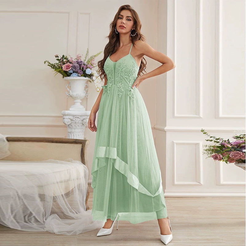 Mesh Tulle Lace Applique Spaghetti Strap V-Neck Tiered Ruffle Maxi Gown