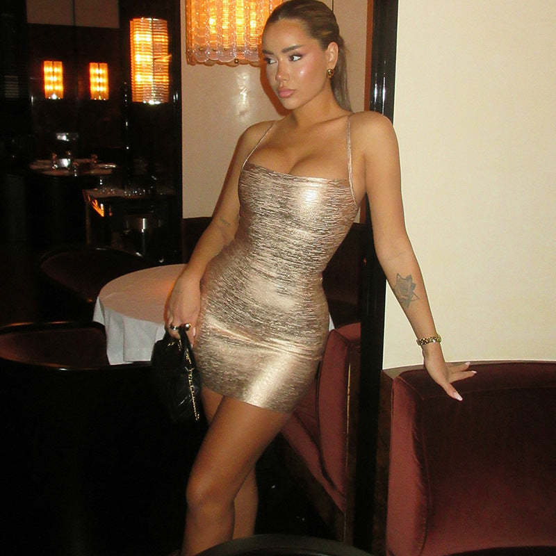 Spring Women Sexy Glossy Slim-Fit Hip-Wrapped Short Dress Strap Dress