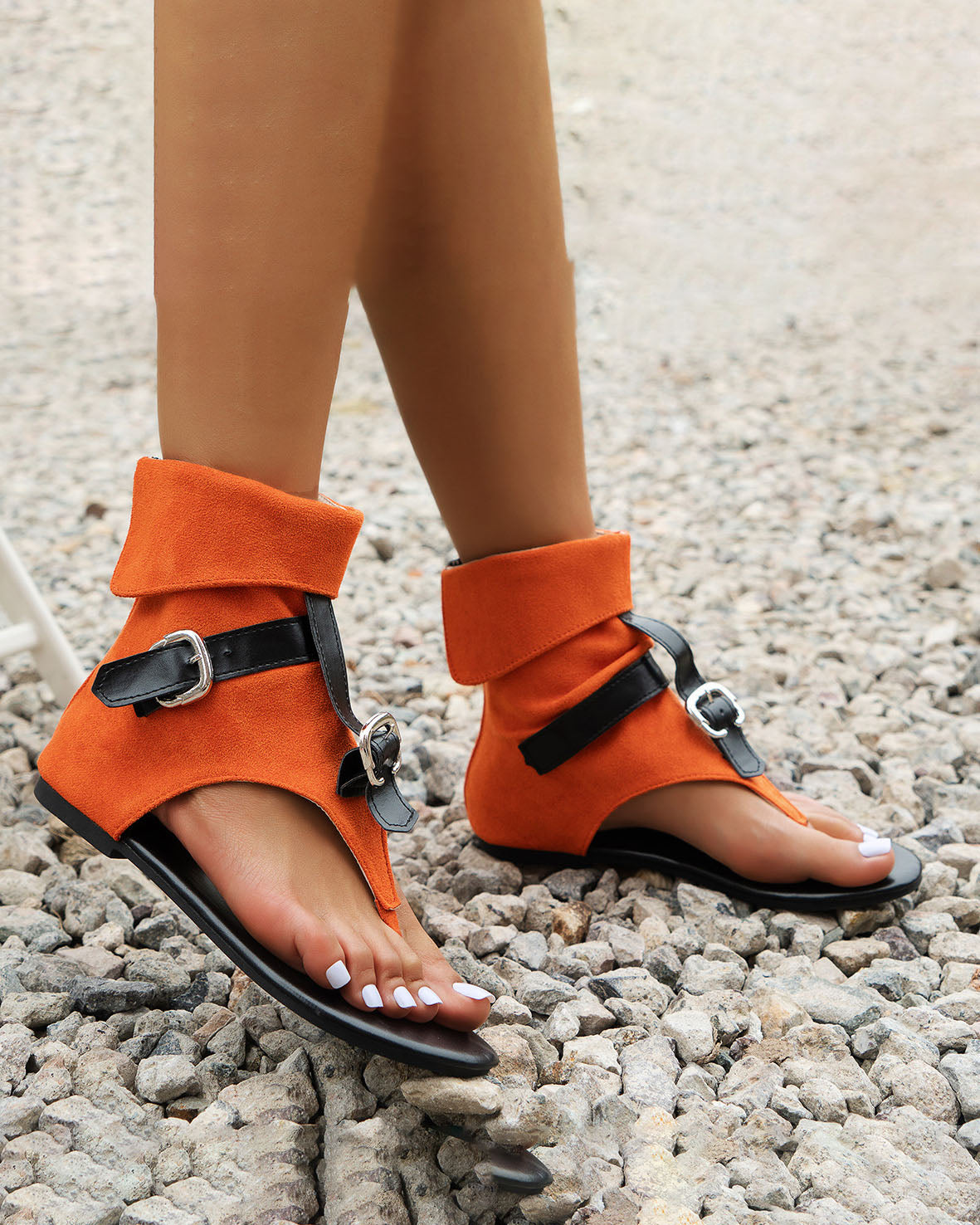 Denim belt buckle thong flat roman sandals