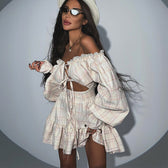 Plaid Off Shoulder Puff Sleeve Ruffle Two Piece Set 4