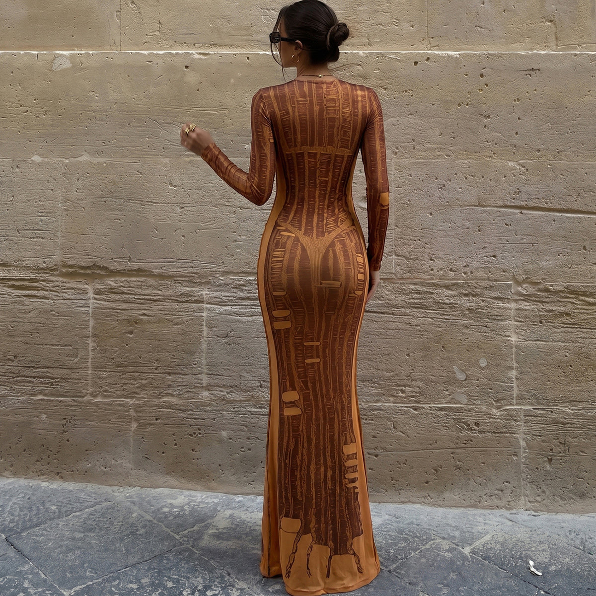 Autumn Sexy Slim Print round Neck Long Sleeved Dress