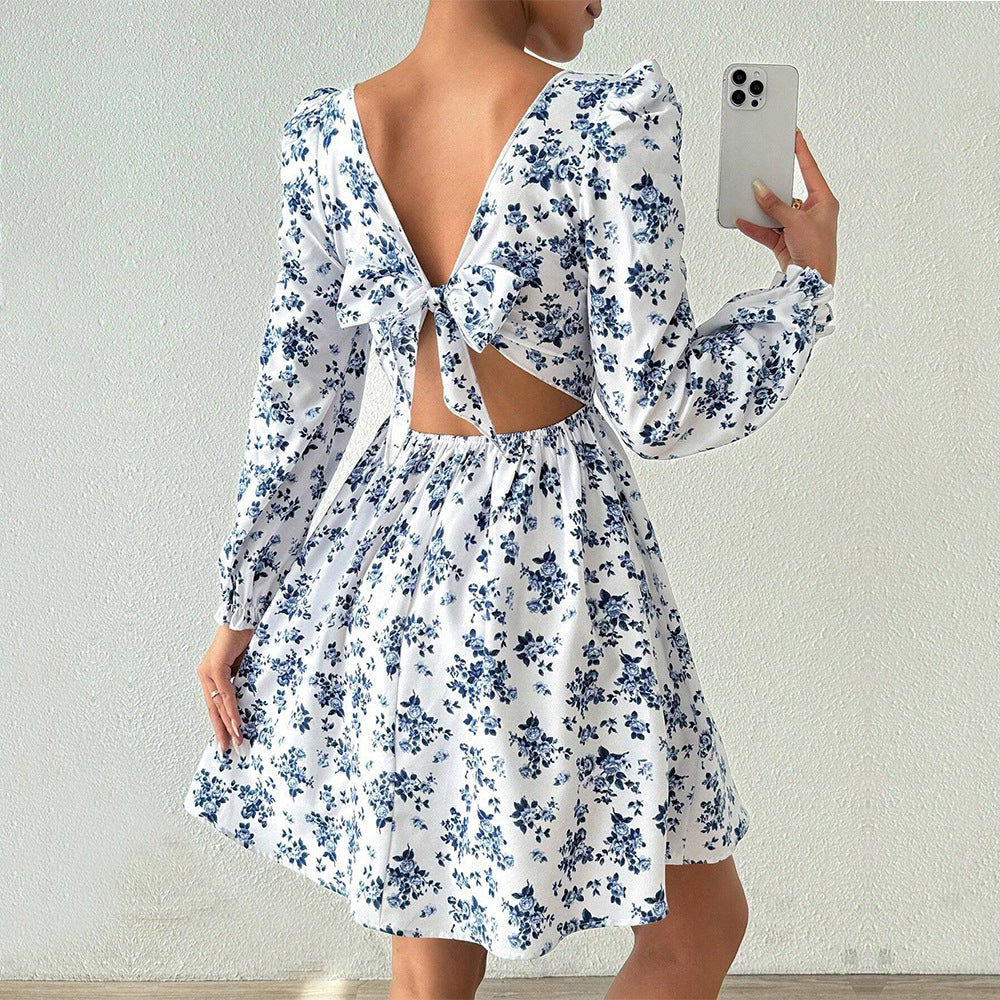Floral Square Neck Long Puff Sleeve Fit and Flare Mini Dress 2