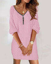 Cable Knit Zip V-Neck Long Sleeve Sweater Mini Dress 8