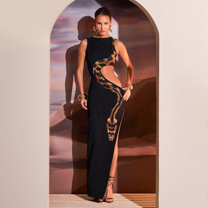 High Slit Hollow Out Snake Print Maxi Dress