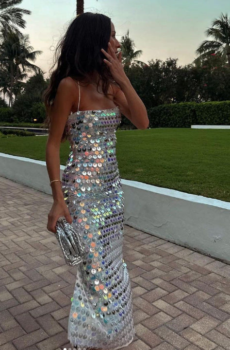 Sequin Spaghetti Strap Column Bodycon Maxi Cocktail Dress