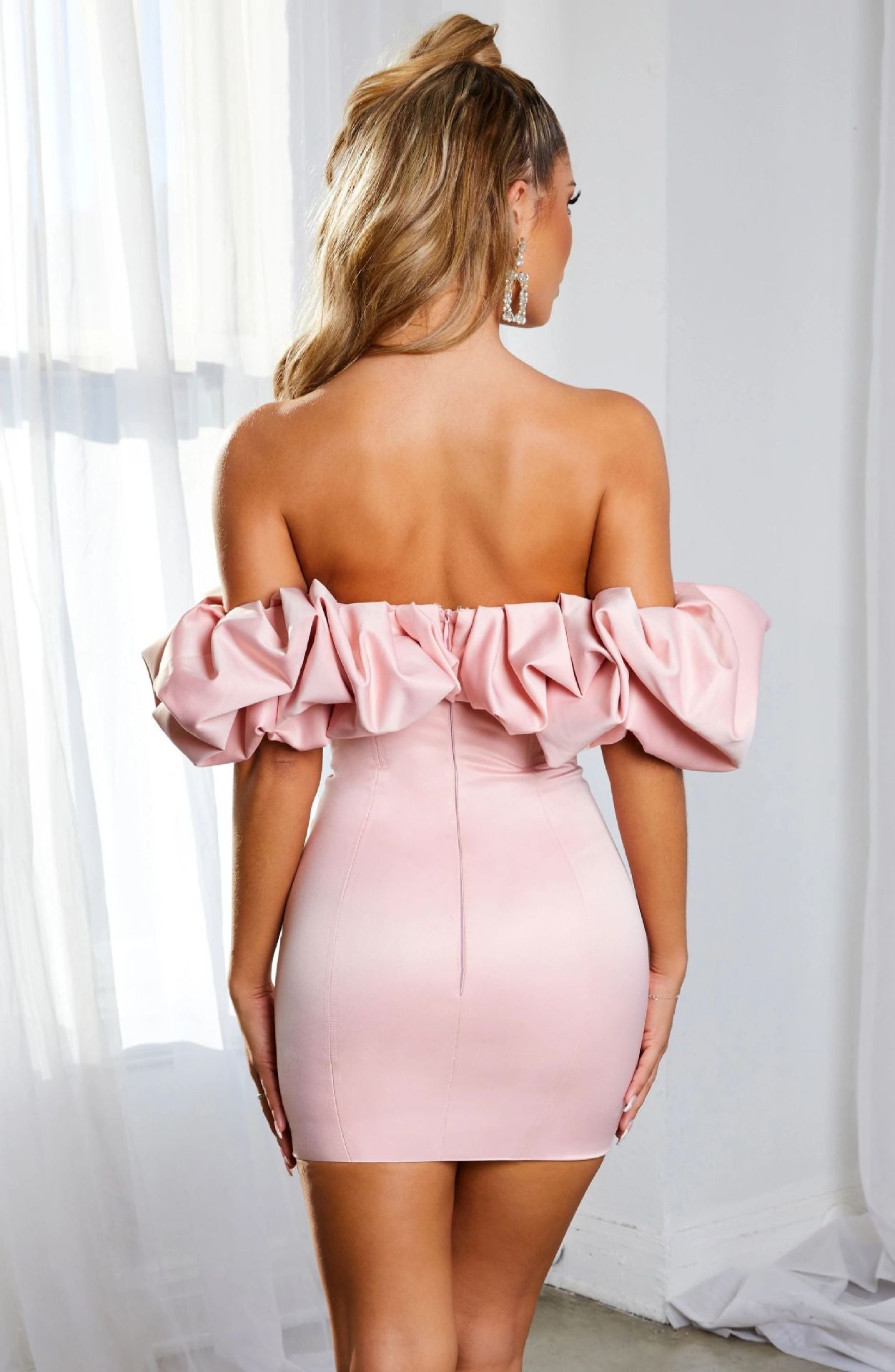Zari Satin Ruffles Off Shoulder Mini Dress  - Pink 5
